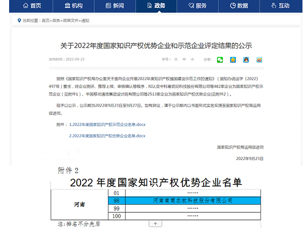 喜訊！南商農(nóng)科榮譽(yù)登榜2022年度國(guó)家知識(shí)產(chǎn)權(quán)優(yōu)勢(shì)企業(yè)名單